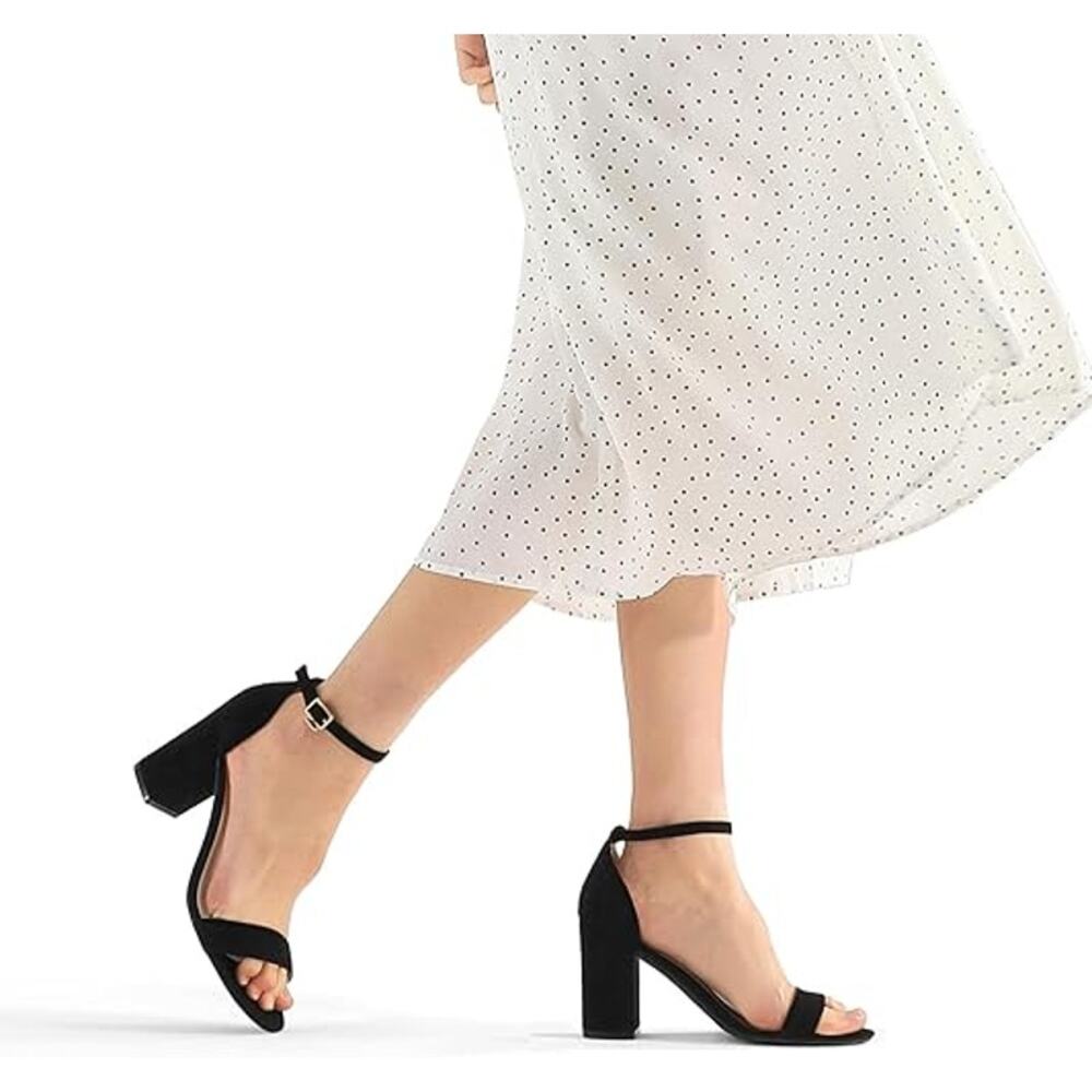 Chunky Block Heels Open Toe Ankle Strap 3.5 Inch Heeled Sandals, Black Suede, 9 - Picture 5 of 5